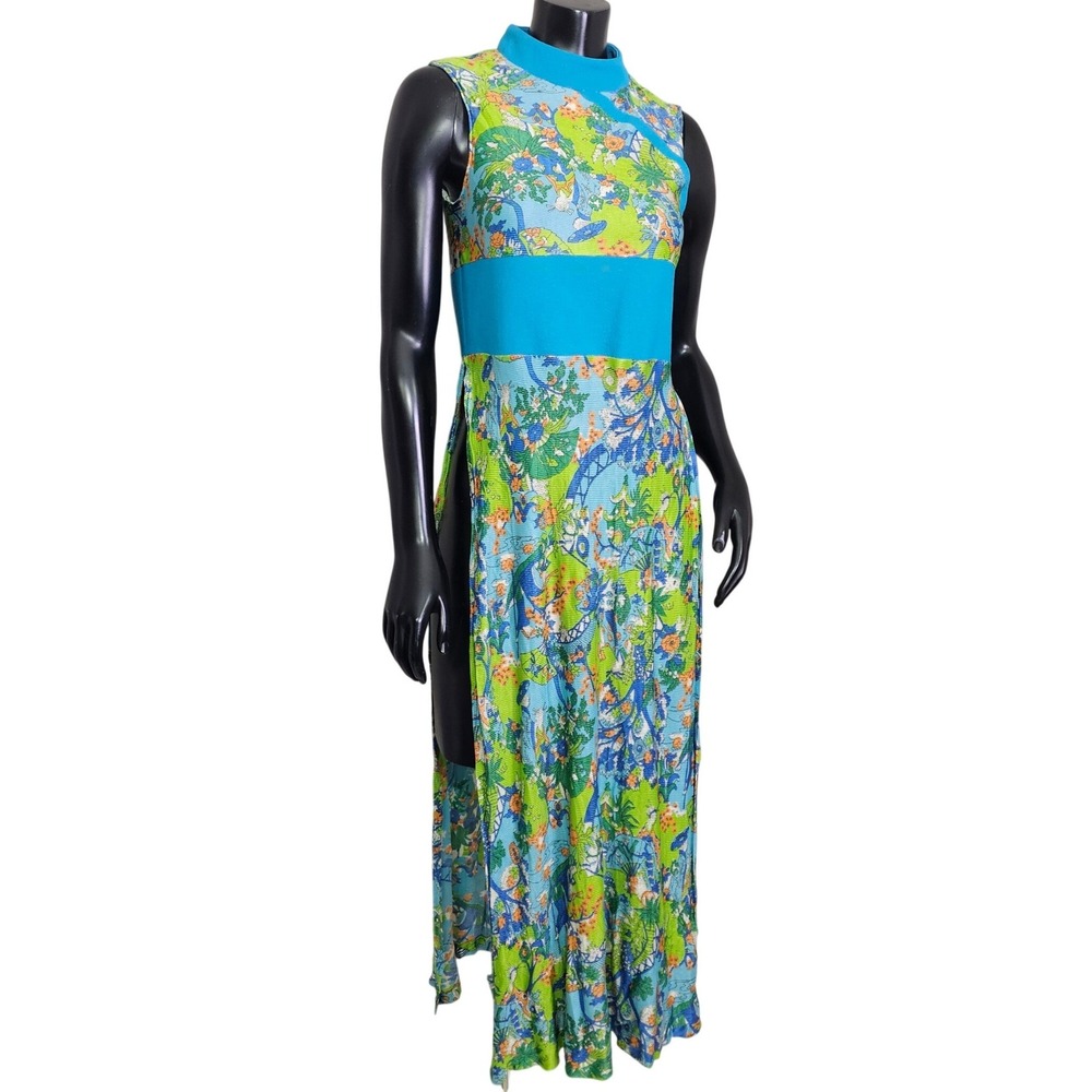 Vintage 60s Tea Timer Japanese Garden Geisha Maxi Dress Mod‎ Asian Novelty Print